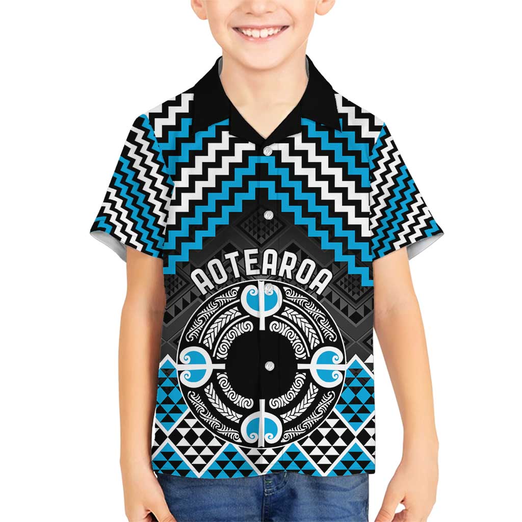 Personalised Aotearoa Niho Taniwha Motif Family Matching Off Shoulder Short Dress and Hawaiian Shirt Blue Style LT9 Son's Shirt Blue - Polynesian Pride