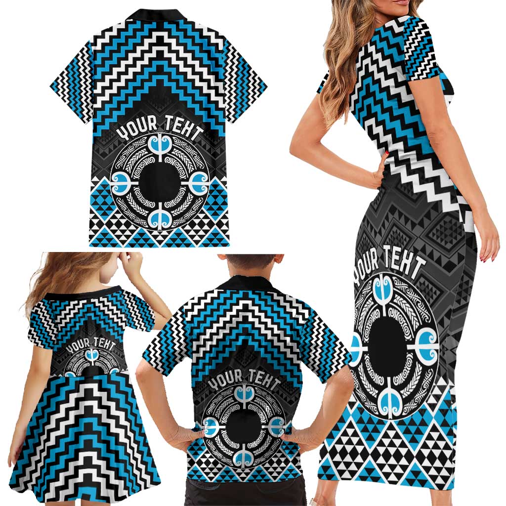 Personalised Aotearoa Niho Taniwha Motif Family Matching Short Sleeve Bodycon Dress and Hawaiian Shirt Blue Style LT9 - Polynesian Pride