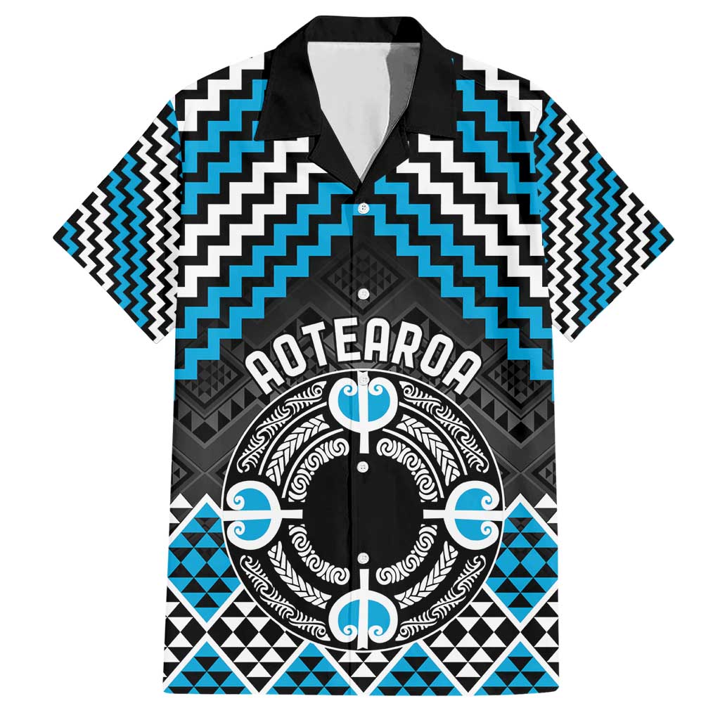 Personalised Aotearoa Niho Taniwha Motif Family Matching Short Sleeve Bodycon Dress and Hawaiian Shirt Blue Style LT9 Dad's Shirt - Short Sleeve Blue - Polynesian Pride