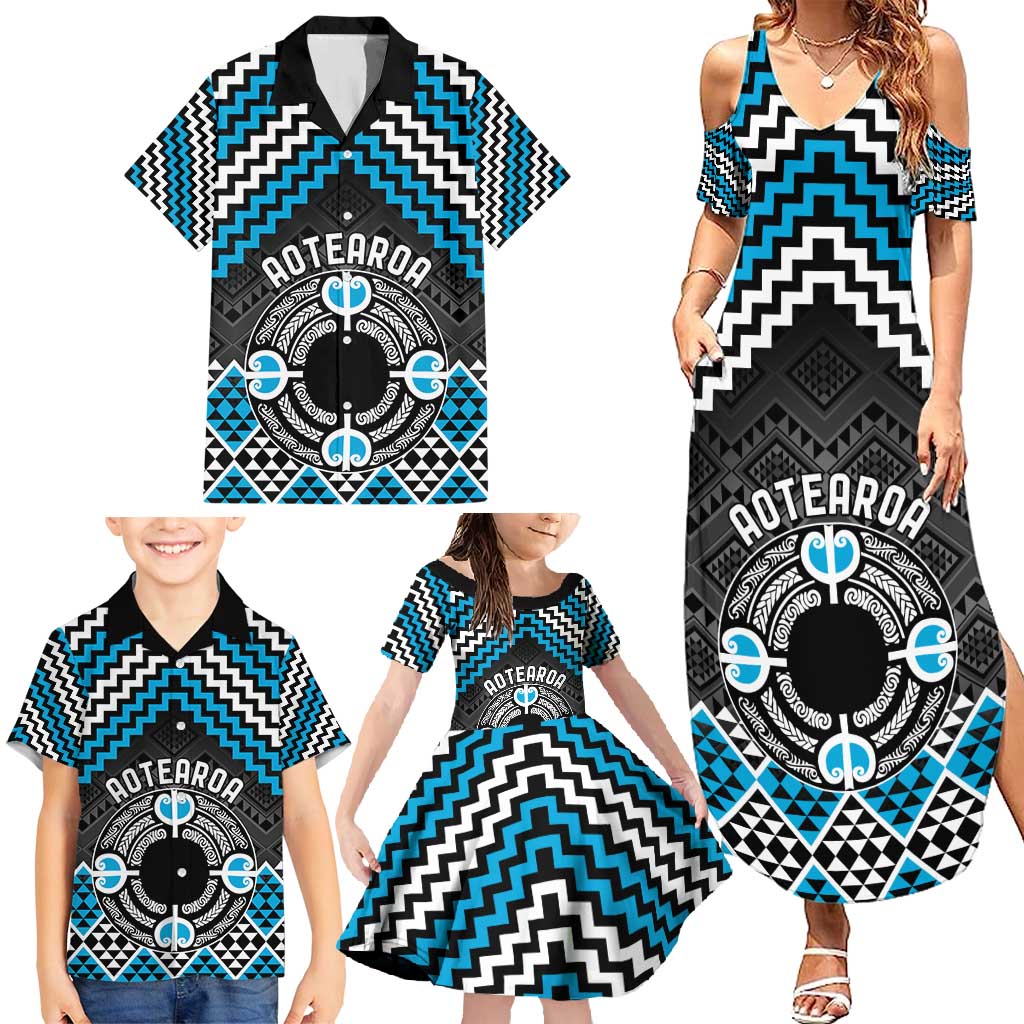 Personalised Aotearoa Niho Taniwha Motif Family Matching Summer Maxi Dress and Hawaiian Shirt Blue Style LT9 - Polynesian Pride