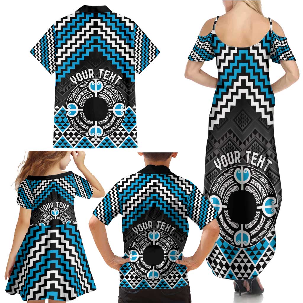 Personalised Aotearoa Niho Taniwha Motif Family Matching Summer Maxi Dress and Hawaiian Shirt Blue Style LT9 - Polynesian Pride