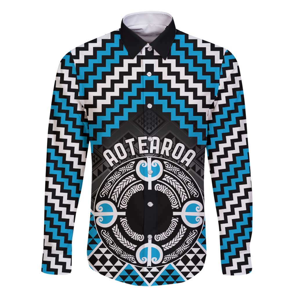 Personalised Aotearoa Niho Taniwha Motif Family Matching Summer Maxi Dress and Hawaiian Shirt Blue Style LT9 Dad's Shirt - Long Sleeve Blue - Polynesian Pride