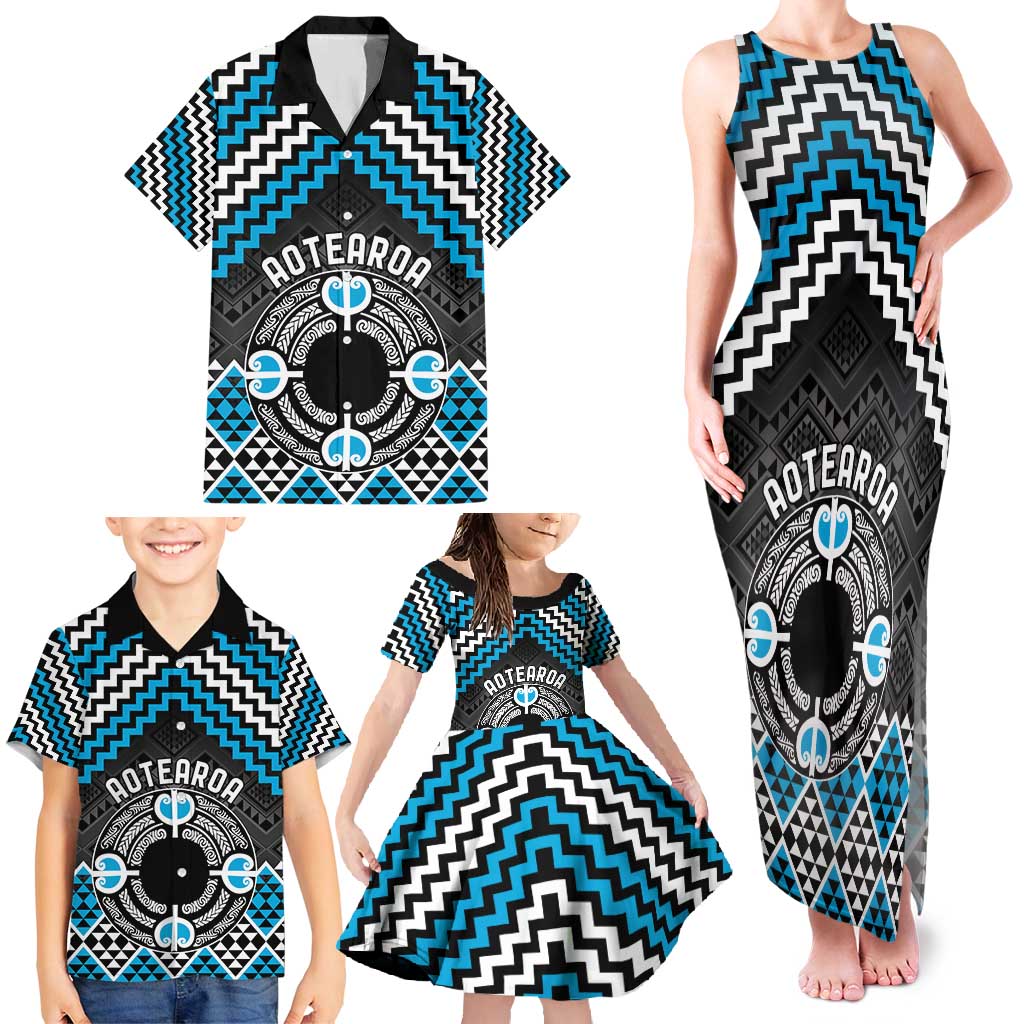 Personalised Aotearoa Niho Taniwha Motif Family Matching Tank Maxi Dress and Hawaiian Shirt Blue Style LT9 - Polynesian Pride