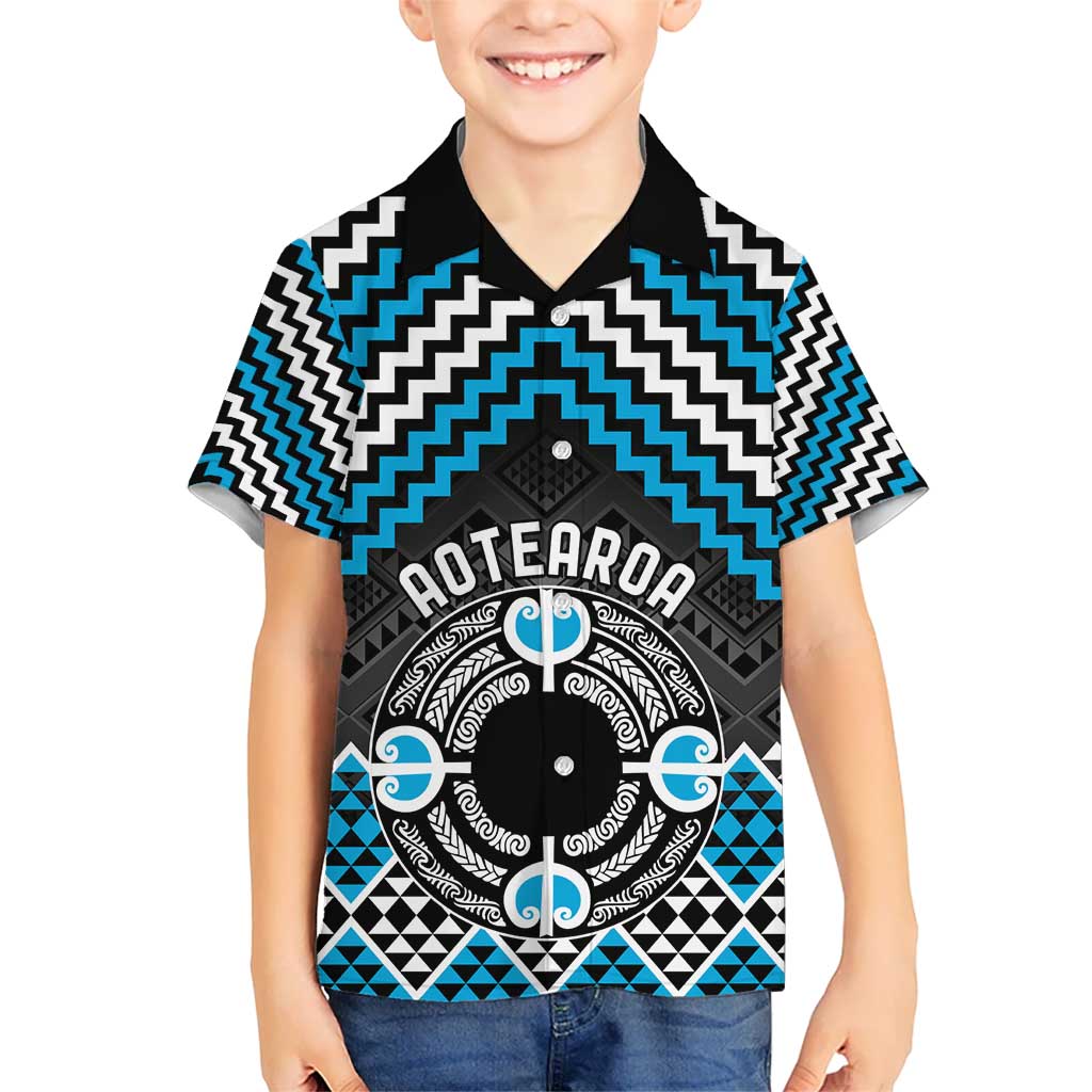 Personalised Aotearoa Niho Taniwha Motif Kid Hawaiian Shirt Blue Style LT9 Kid Blue - Polynesian Pride