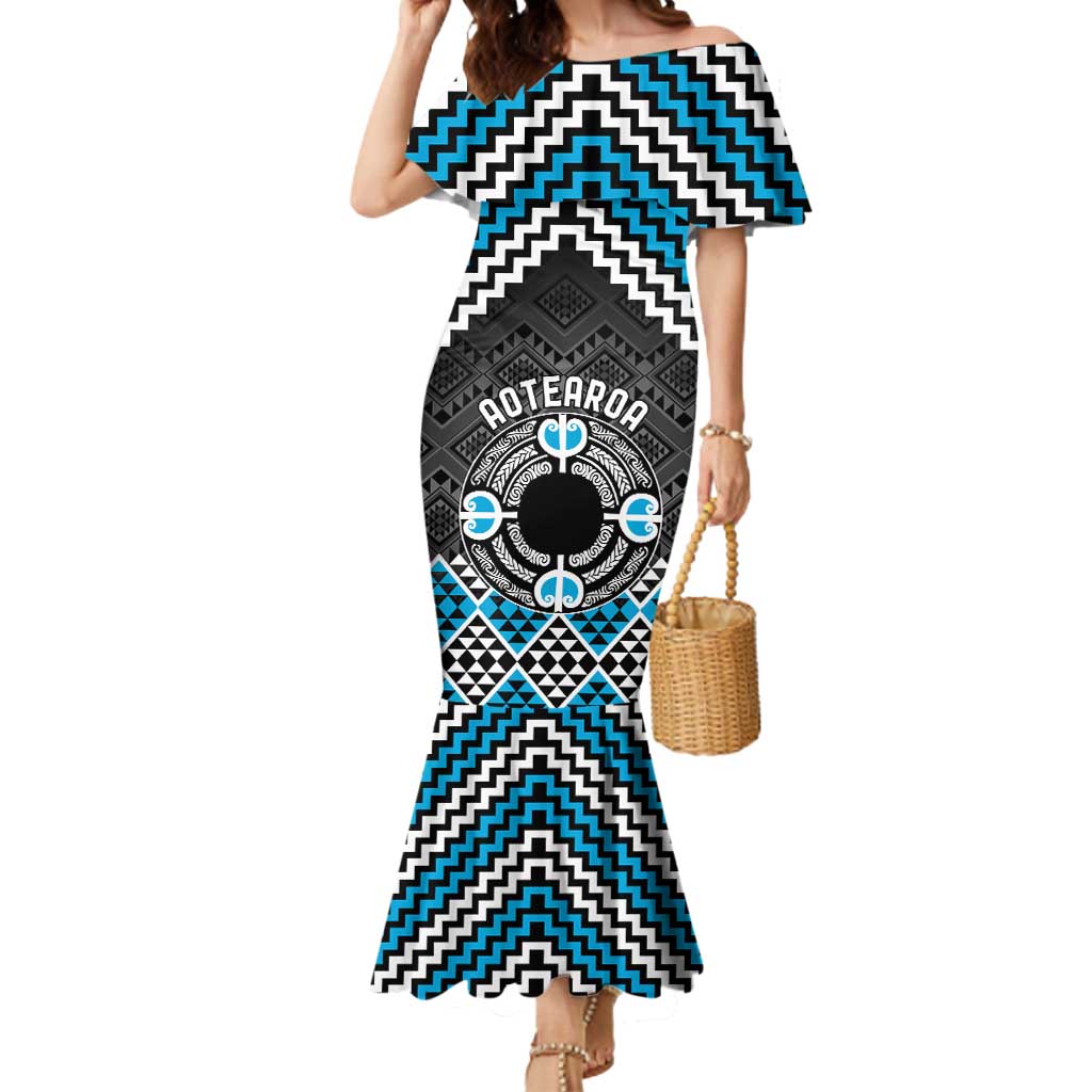 Personalised Aotearoa Niho Taniwha Motif Mermaid Dress Blue Style LT9 Women Blue - Polynesian Pride