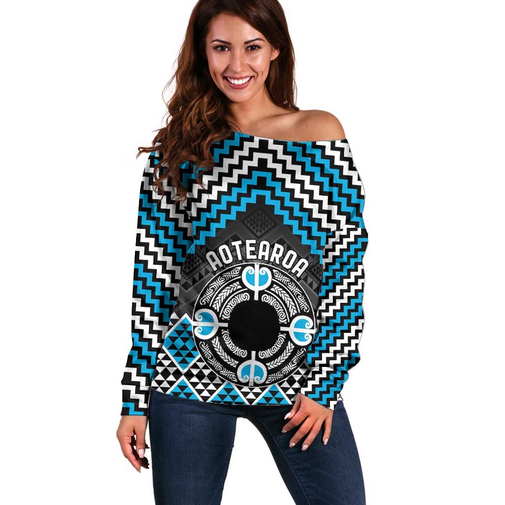 Personalised Aotearoa Niho Taniwha Motif Off Shoulder Sweater Blue Style LT9 Women Blue - Polynesian Pride