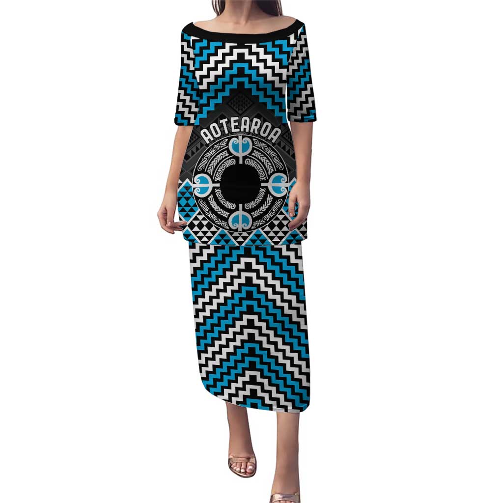 Personalised Aotearoa Niho Taniwha Motif Puletasi Blue Style LT9 Long Dress Blue - Polynesian Pride