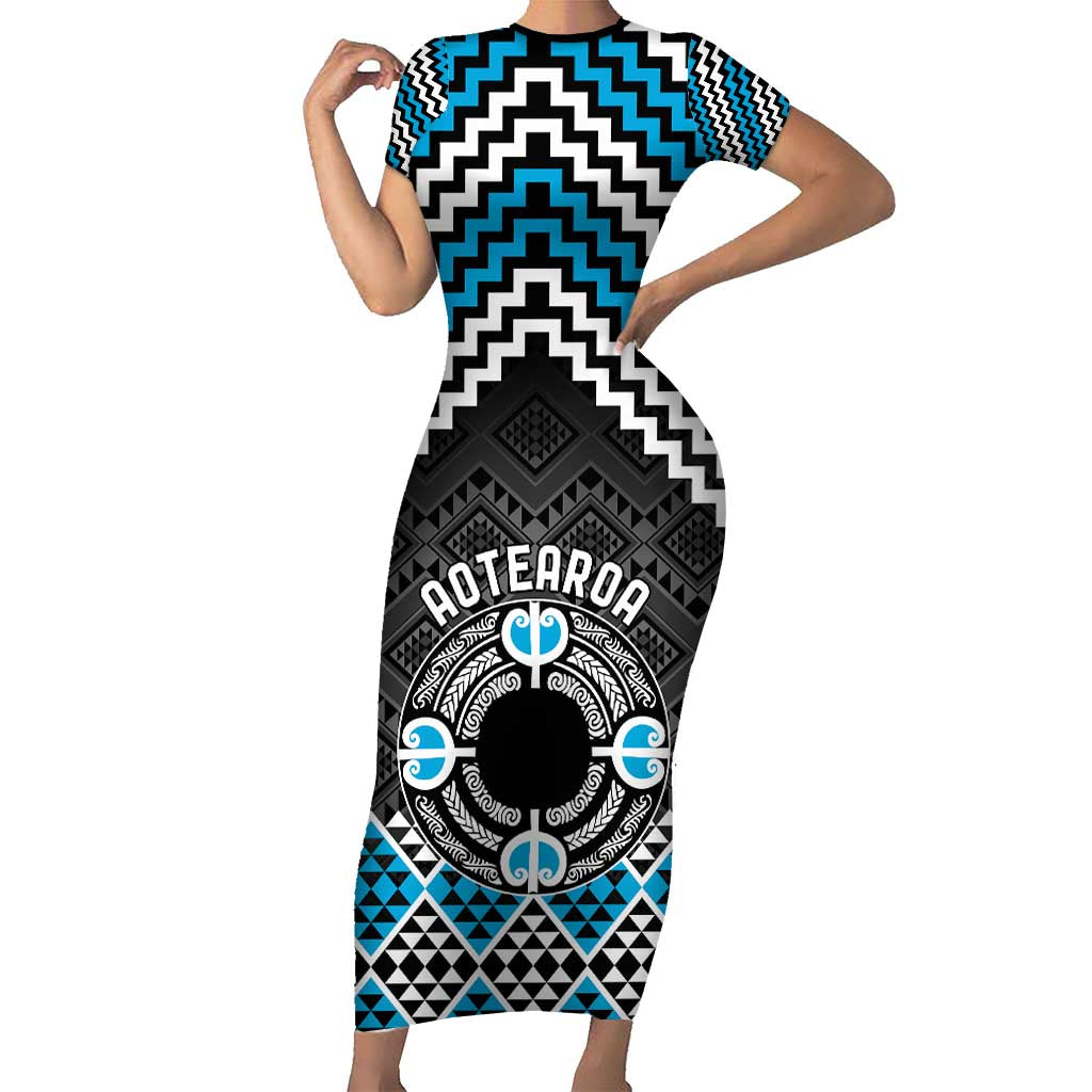 Personalised Aotearoa Niho Taniwha Motif Short Sleeve Bodycon Dress Blue Style LT9 Long Dress Blue - Polynesian Pride