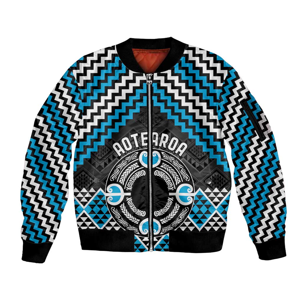Personalised Aotearoa Niho Taniwha Motif Sleeve Zip Bomber Jacket Blue Style LT9 Unisex Blue - Polynesian Pride