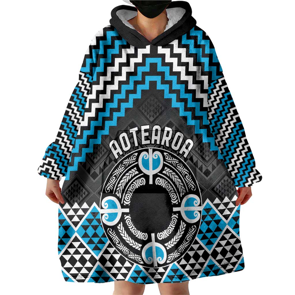 Personalised Aotearoa Niho Taniwha Motif Wearable Blanket Hoodie Blue Style LT9 - Polynesian Pride