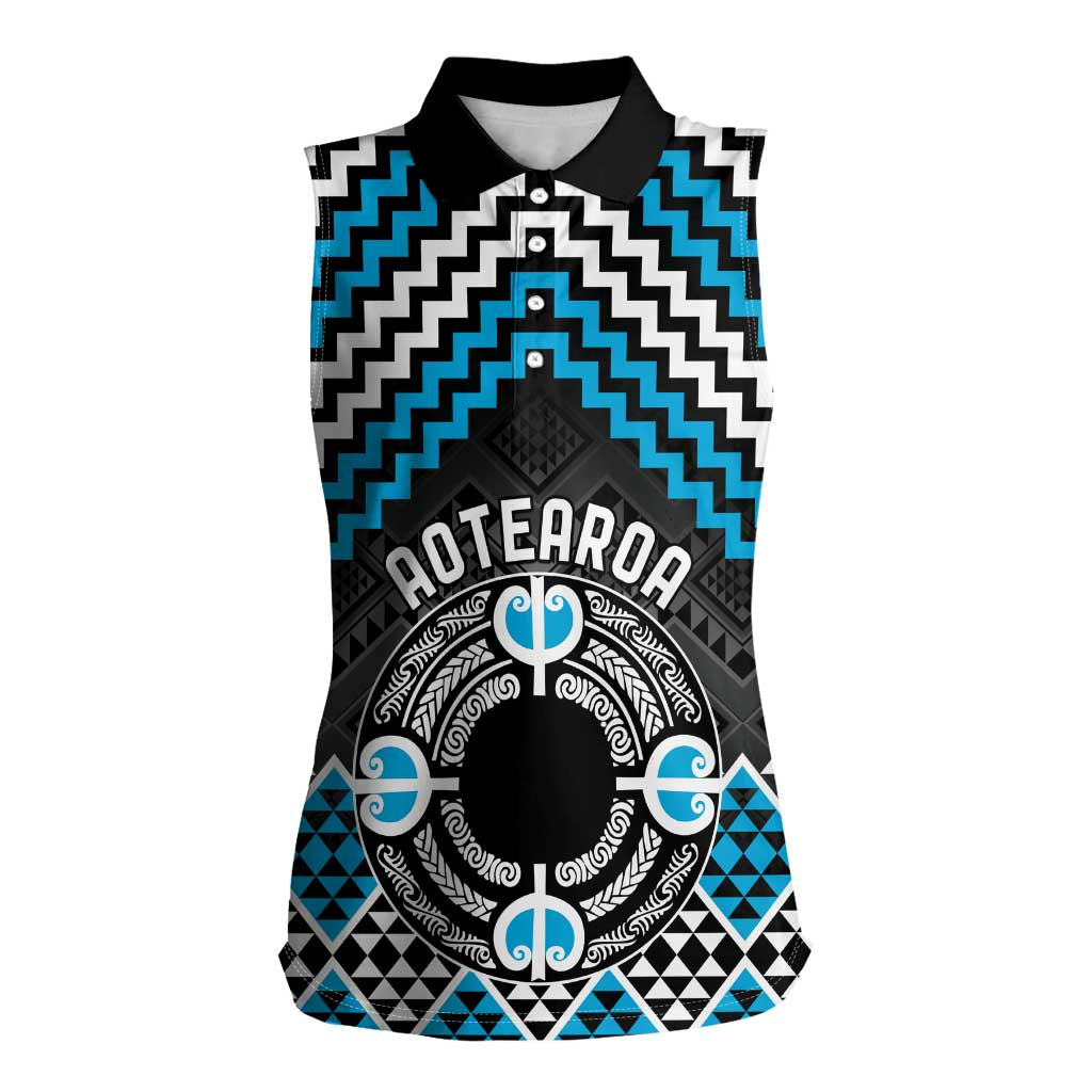 Personalised Aotearoa Niho Taniwha Motif Women Sleeveless Polo Shirt Blue Style LT9 Female Blue - Polynesian Pride