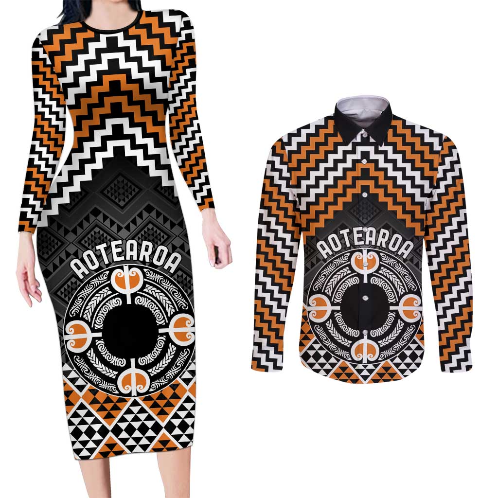 Personalised Aotearoa Niho Taniwha Motif Couples Matching Long Sleeve Bodycon Dress and Long Sleeve Button Shirt Gold Style LT9 Gold - Polynesian Pride
