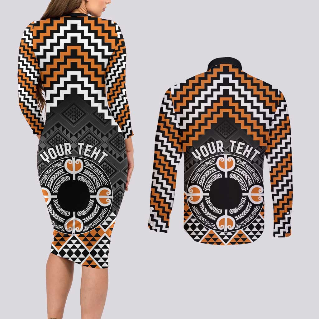 Personalised Aotearoa Niho Taniwha Motif Couples Matching Long Sleeve Bodycon Dress and Long Sleeve Button Shirt Gold Style LT9 - Polynesian Pride