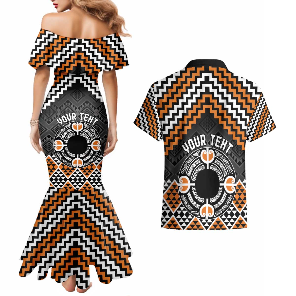 Personalised Aotearoa Niho Taniwha Motif Couples Matching Mermaid Dress and Hawaiian Shirt Gold Style LT9 - Polynesian Pride