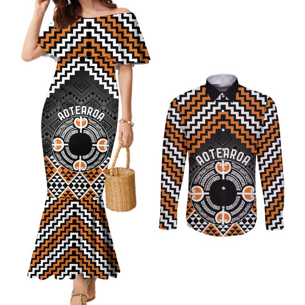 Personalised Aotearoa Niho Taniwha Motif Couples Matching Mermaid Dress and Long Sleeve Button Shirt Gold Style LT9 Gold - Polynesian Pride