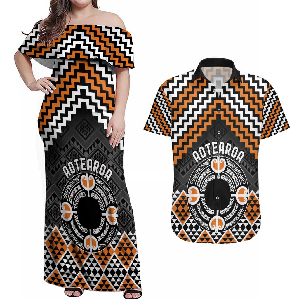Personalised Aotearoa Niho Taniwha Motif Couples Matching Off Shoulder Maxi Dress and Hawaiian Shirt Gold Style LT9 Gold - Polynesian Pride