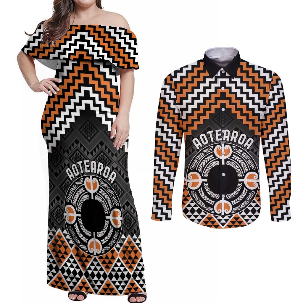 Personalised Aotearoa Niho Taniwha Motif Couples Matching Off Shoulder Maxi Dress and Long Sleeve Button Shirt Gold Style LT9 Gold - Polynesian Pride