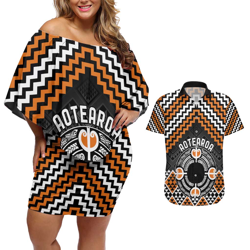 Personalised Aotearoa Niho Taniwha Motif Couples Matching Off Shoulder Short Dress and Hawaiian Shirt Gold Style LT9 Gold - Polynesian Pride
