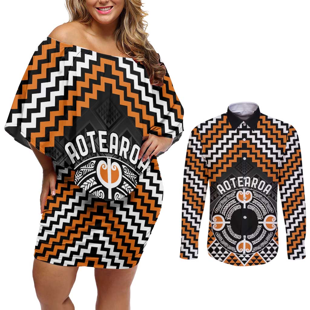 Personalised Aotearoa Niho Taniwha Motif Couples Matching Off Shoulder Short Dress and Long Sleeve Button Shirt Gold Style LT9 Gold - Polynesian Pride