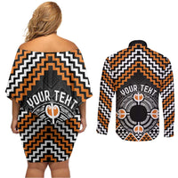 Personalised Aotearoa Niho Taniwha Motif Couples Matching Off Shoulder Short Dress and Long Sleeve Button Shirt Gold Style