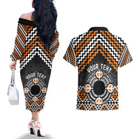 Personalised Aotearoa Niho Taniwha Motif Couples Matching Off The Shoulder Long Sleeve Dress and Hawaiian Shirt Gold Style LT9 - Polynesian Pride