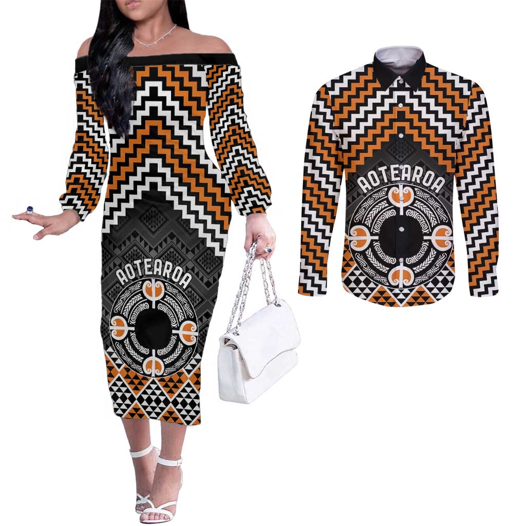 Personalised Aotearoa Niho Taniwha Motif Couples Matching Off The Shoulder Long Sleeve Dress and Long Sleeve Button Shirt Gold Style LT9 Gold - Polynesian Pride