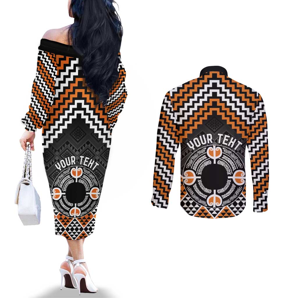 Personalised Aotearoa Niho Taniwha Motif Couples Matching Off The Shoulder Long Sleeve Dress and Long Sleeve Button Shirt Gold Style LT9 - Polynesian Pride