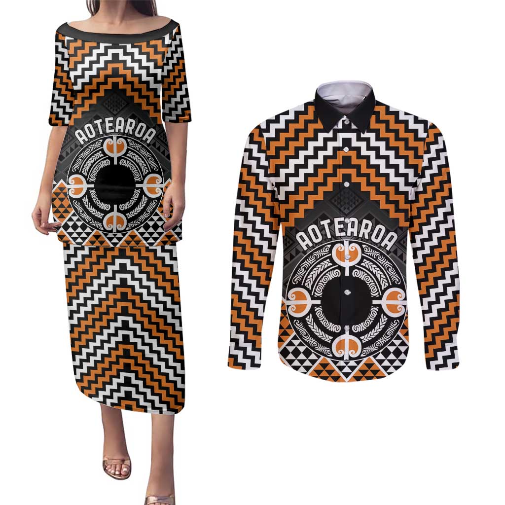 Personalised Aotearoa Niho Taniwha Motif Couples Matching Puletasi and Long Sleeve Button Shirt Gold Style LT9 Gold - Polynesian Pride
