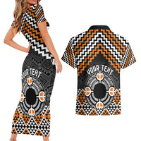 Personalised Aotearoa Niho Taniwha Motif Couples Matching Short Sleeve Bodycon Dress and Hawaiian Shirt Gold Style LT9 - Polynesian Pride