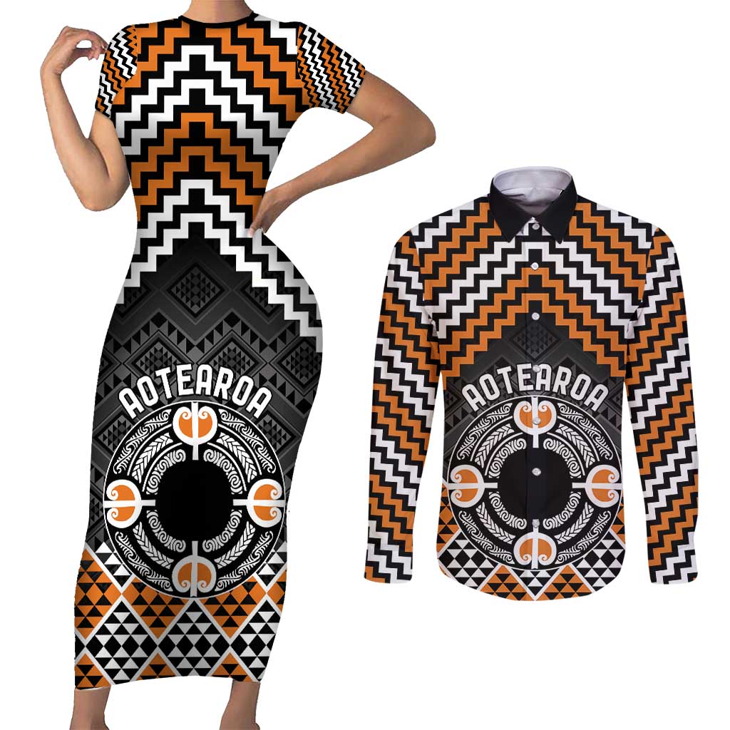 Personalised Aotearoa Niho Taniwha Motif Couples Matching Short Sleeve Bodycon Dress and Long Sleeve Button Shirt Gold Style LT9 Gold - Polynesian Pride