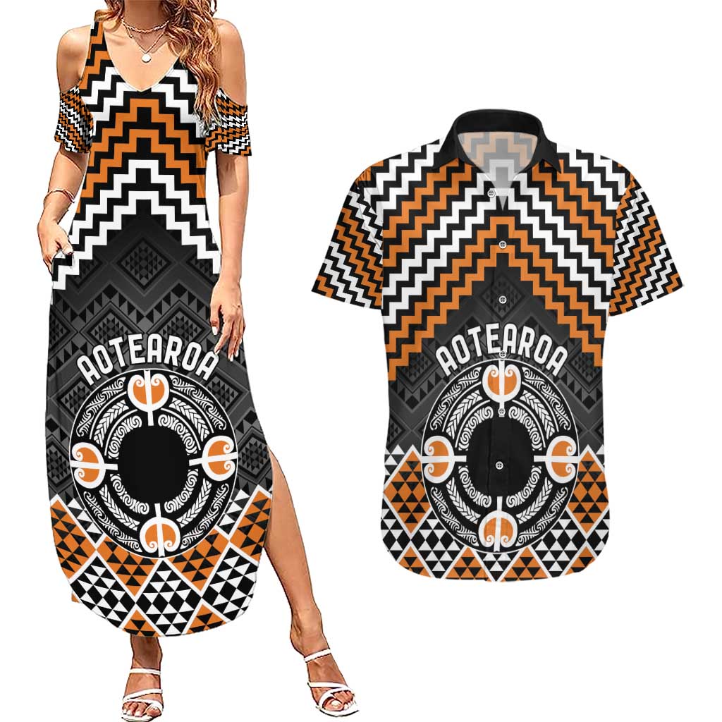 Personalised Aotearoa Niho Taniwha Motif Couples Matching Summer Maxi Dress and Hawaiian Shirt Gold Style LT9 Gold - Polynesian Pride