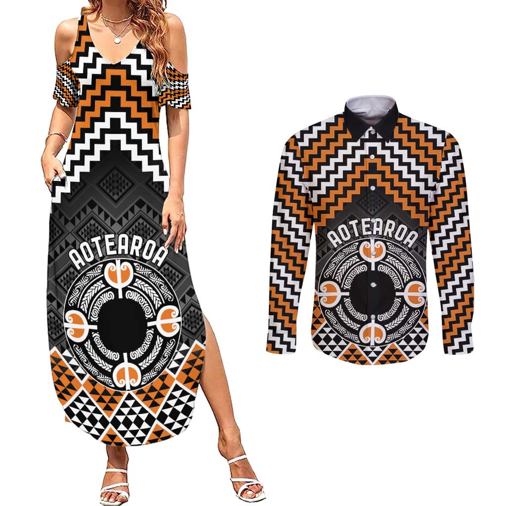 Personalised Aotearoa Niho Taniwha Motif Couples Matching Summer Maxi Dress and Long Sleeve Button Shirt Gold Style LT9 Gold - Polynesian Pride