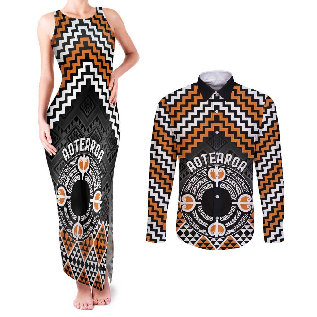 Personalised Aotearoa Niho Taniwha Motif Couples Matching Tank Maxi Dress and Long Sleeve Button Shirt Gold Style LT9 Gold - Polynesian Pride