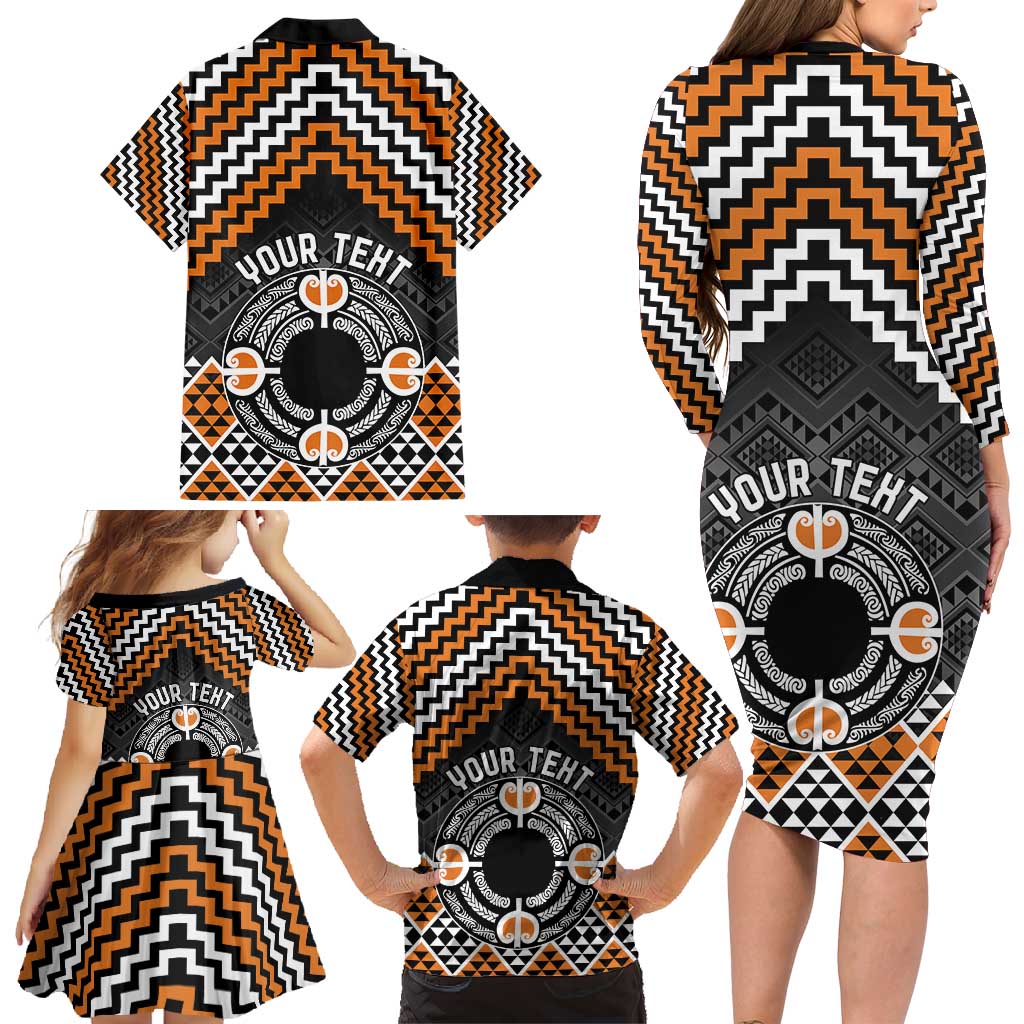 Personalised Aotearoa Niho Taniwha Motif Family Matching Long Sleeve Bodycon Dress and Hawaiian Shirt Gold Style LT9 - Polynesian Pride