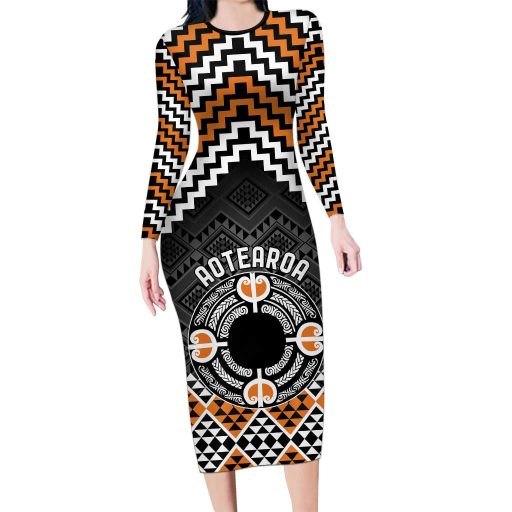 Personalised Aotearoa Niho Taniwha Motif Family Matching Long Sleeve Bodycon Dress and Hawaiian Shirt Gold Style LT9 Mom's Dress Gold - Polynesian Pride