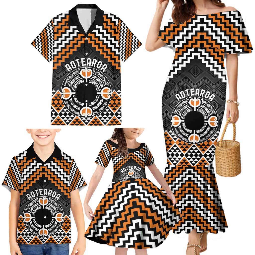 Personalised Aotearoa Niho Taniwha Motif Family Matching Mermaid Dress and Hawaiian Shirt Gold Style LT9 - Polynesian Pride
