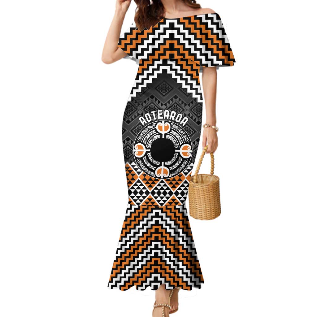 Personalised Aotearoa Niho Taniwha Motif Family Matching Mermaid Dress and Hawaiian Shirt Gold Style LT9 Mom's Dress Gold - Polynesian Pride