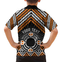 Personalised Aotearoa Niho Taniwha Motif Family Matching Off The Shoulder Long Sleeve Dress and Hawaiian Shirt Gold Style LT9 - Polynesian Pride