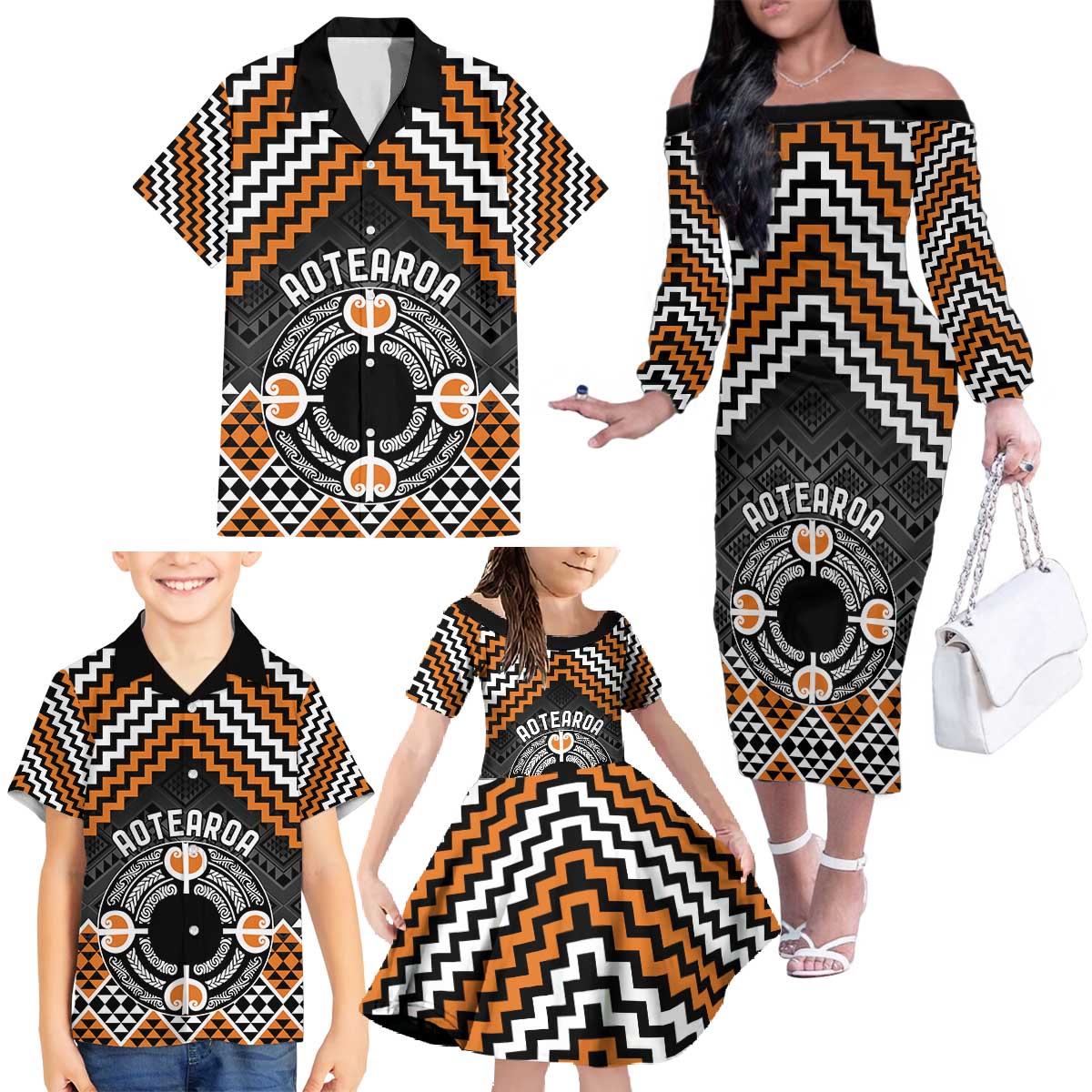 Personalised Aotearoa Niho Taniwha Motif Family Matching Off The Shoulder Long Sleeve Dress and Hawaiian Shirt Gold Style LT9 - Polynesian Pride