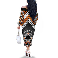 Personalised Aotearoa Niho Taniwha Motif Family Matching Off The Shoulder Long Sleeve Dress and Hawaiian Shirt Gold Style LT9 - Polynesian Pride