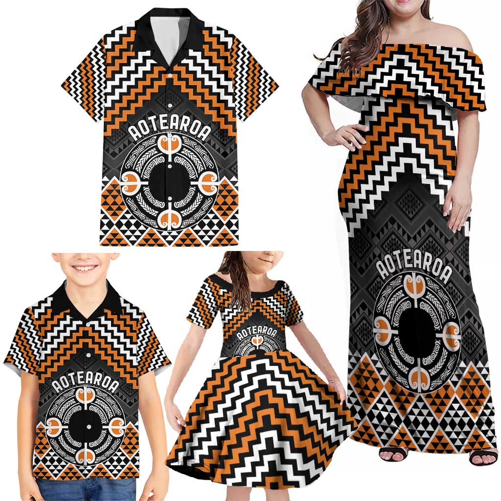Personalised Aotearoa Niho Taniwha Motif Family Matching Off Shoulder Maxi Dress and Hawaiian Shirt Gold Style LT9 - Polynesian Pride