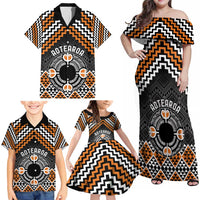 Personalised Aotearoa Niho Taniwha Motif Family Matching Off Shoulder Maxi Dress and Hawaiian Shirt Gold Style LT9 - Polynesian Pride