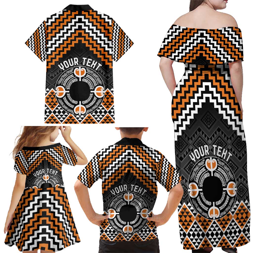 Personalised Aotearoa Niho Taniwha Motif Family Matching Off Shoulder Maxi Dress and Hawaiian Shirt Gold Style LT9 - Polynesian Pride