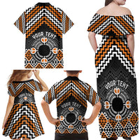 Personalised Aotearoa Niho Taniwha Motif Family Matching Off Shoulder Maxi Dress and Hawaiian Shirt Gold Style LT9 - Polynesian Pride