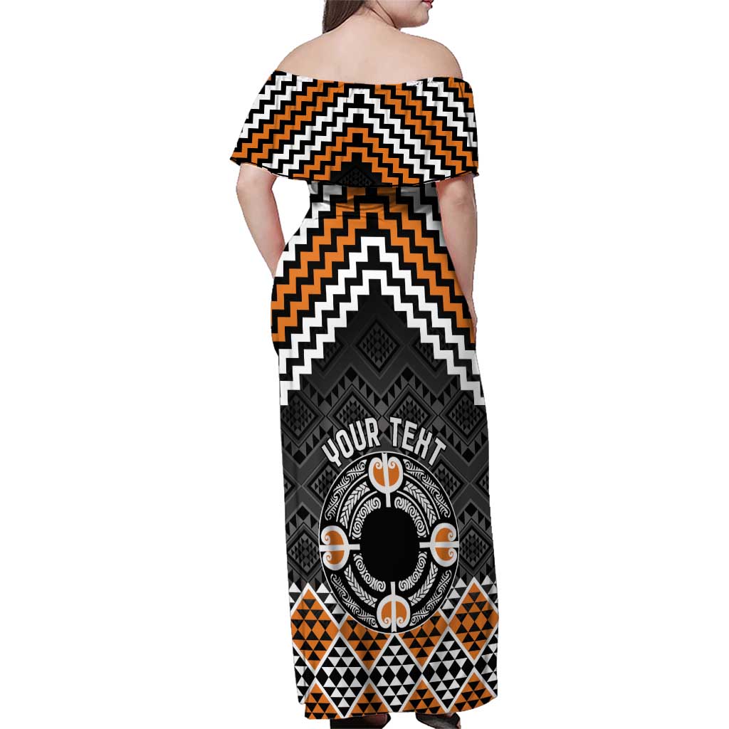 Personalised Aotearoa Niho Taniwha Motif Family Matching Off Shoulder Maxi Dress and Hawaiian Shirt Gold Style LT9 - Polynesian Pride