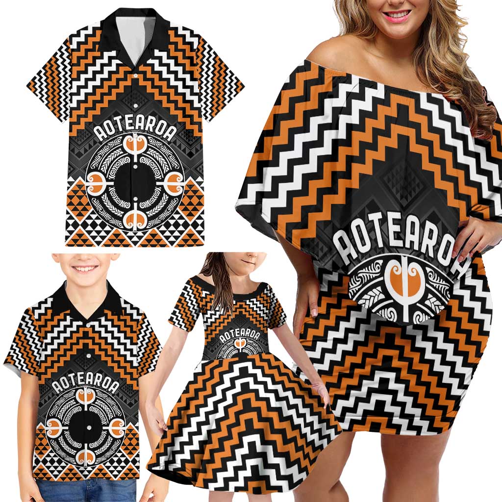 Personalised Aotearoa Niho Taniwha Motif Family Matching Off Shoulder Short Dress and Hawaiian Shirt Gold Style LT9 - Polynesian Pride