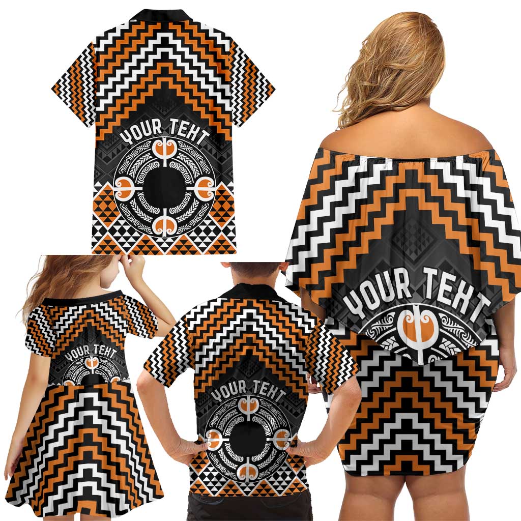 Personalised Aotearoa Niho Taniwha Motif Family Matching Off Shoulder Short Dress and Hawaiian Shirt Gold Style LT9 - Polynesian Pride