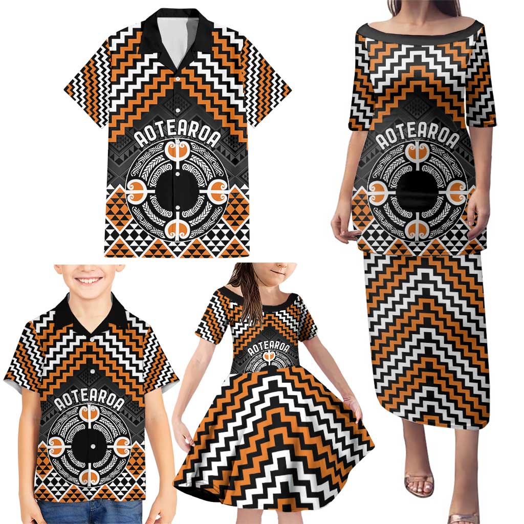 Personalised Aotearoa Niho Taniwha Motif Family Matching Puletasi and Hawaiian Shirt Gold Style LT9 - Polynesian Pride