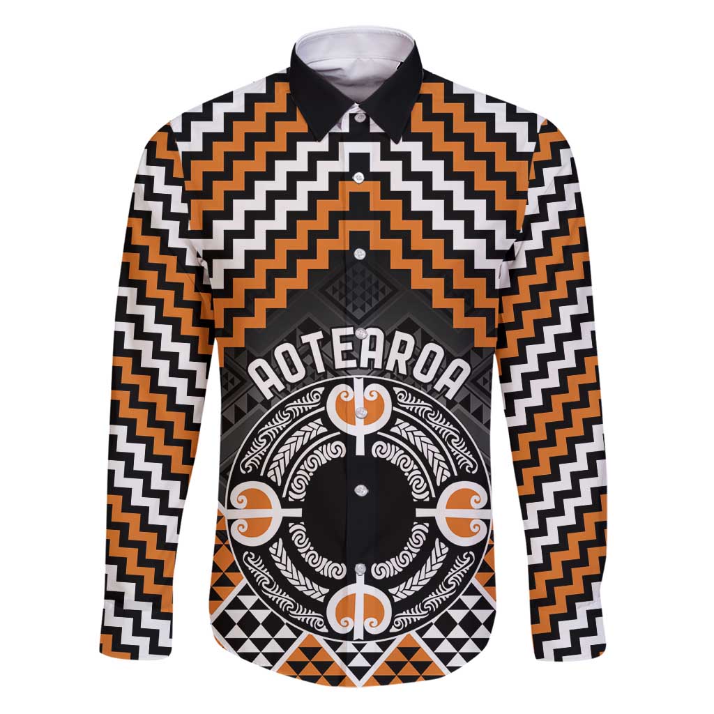 Personalised Aotearoa Niho Taniwha Motif Family Matching Puletasi and Hawaiian Shirt Gold Style LT9 Dad's Shirt - Long Sleeve Gold - Polynesian Pride