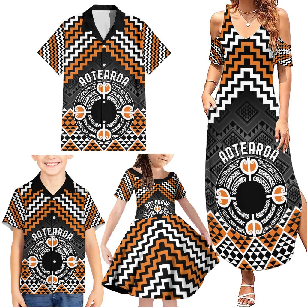 Personalised Aotearoa Niho Taniwha Motif Family Matching Summer Maxi Dress and Hawaiian Shirt Gold Style LT9 - Polynesian Pride